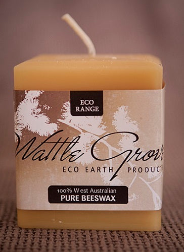 Wattle Grove Beeswax Candle // Short Wide Square Pillar